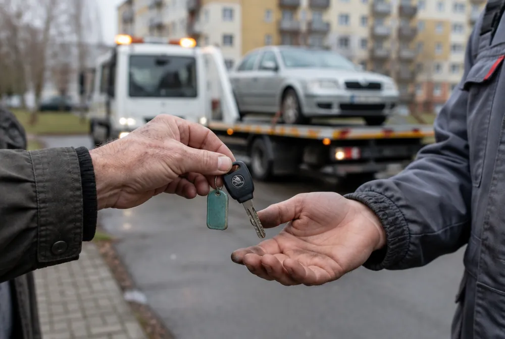 Starší majitel předává řidiči odtahovky jen klíček od auta