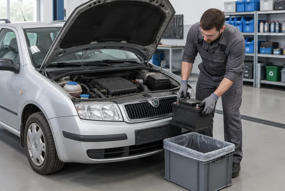 Technik vyjímá akumulátor z motorového prostoru Škody Fabie a ukládá ho do sběrné nádoby