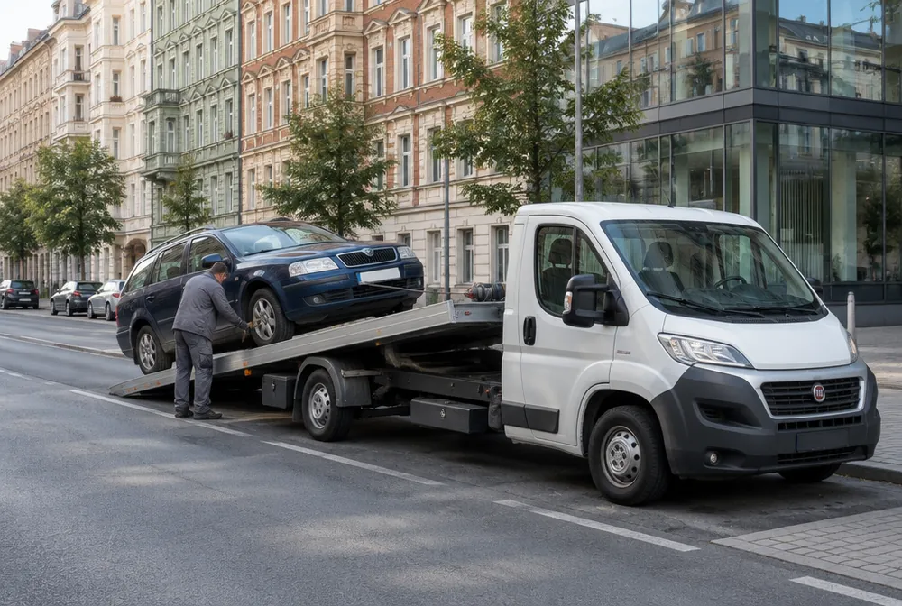 Bílá odtahovka nakládá starou Škodu Octavii combi v ulici v Karlíně